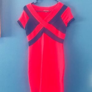 Premise Sheath Dress Red/Blue Cap Sleeves V-Neck